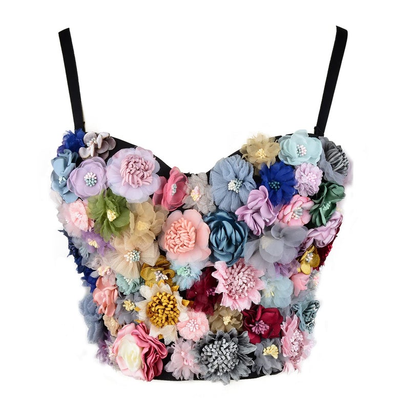ELLACCI Women's 3D Floral Bustier Crop Top Wedding Party Club Bra Tops X-Small 34/75 Black - Image 2